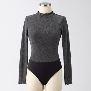 Alter'd State Bodysuit Womens Small Gray Sparkle‎ Mock Neck Long Sleeve Top